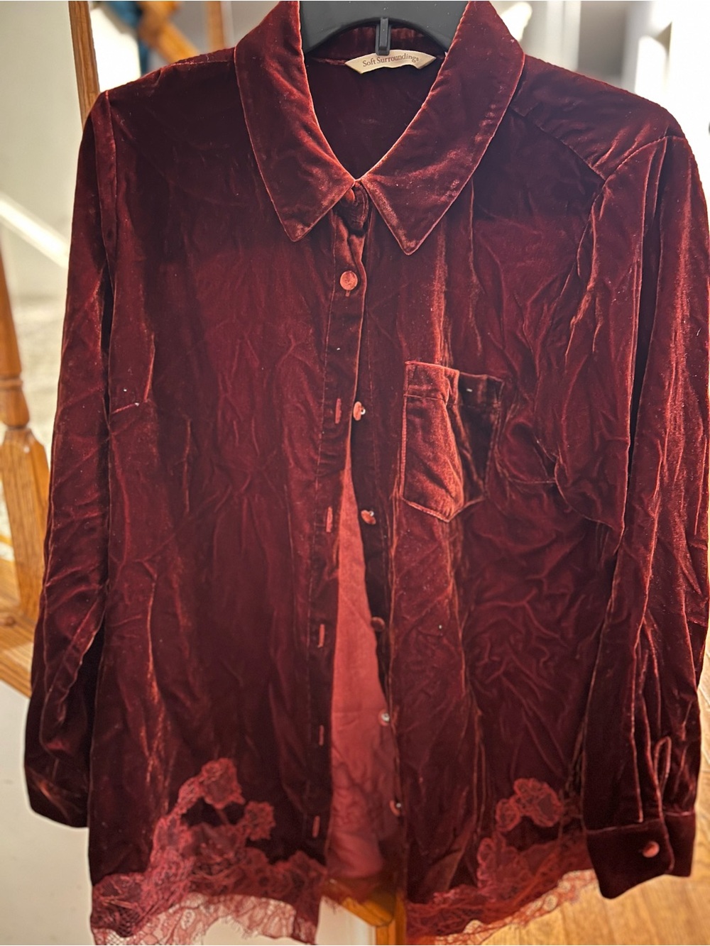 Soft Surroundings Deep Burgundy Velvet Button-Down Shirt with Lace Hem
